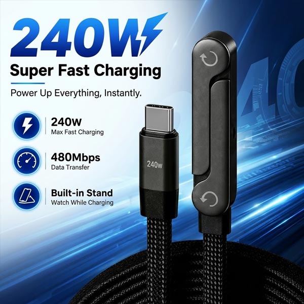3-in-1 240W Type-C to Type-C fast charging cable with built-in folding phone stand Model 3029