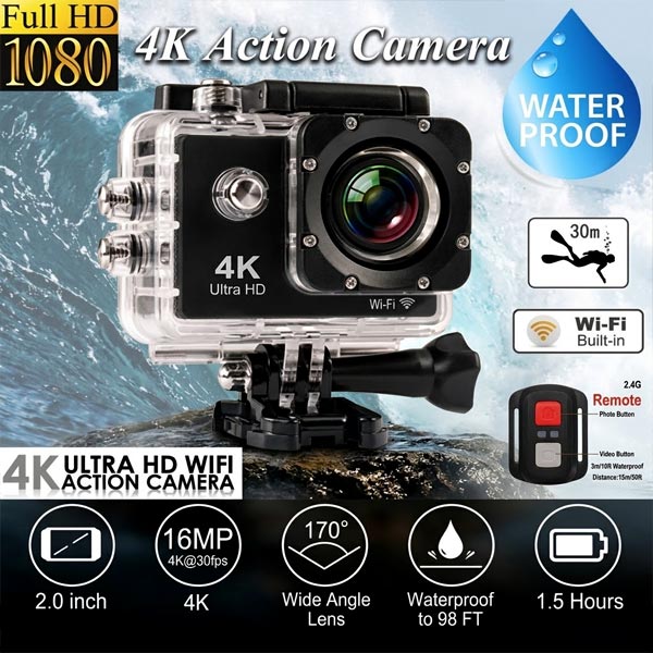 4K Sports Ultra HD DV action camera with 170-degree wide-angle lens