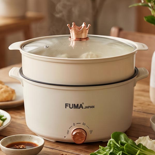 FUMA Japan FMC-55G 6.5L electric multi cooker in cream and gold with glass lid and steamer tray