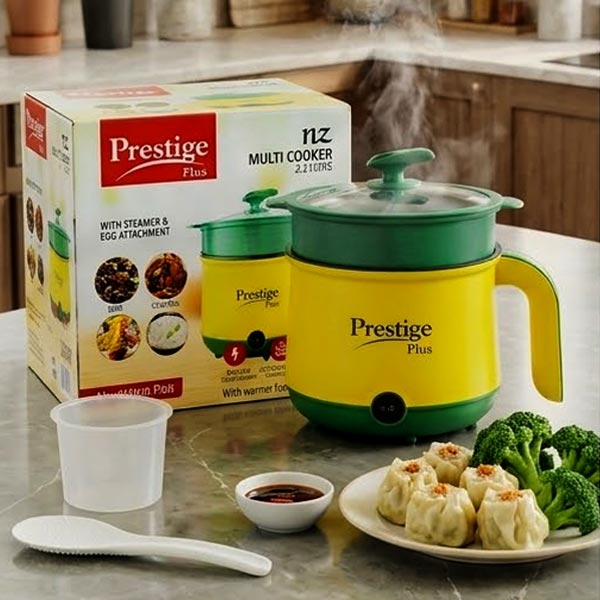 Prestige Plus 1000W electric multi cooker with non-stick inner pot and tempered glass lid