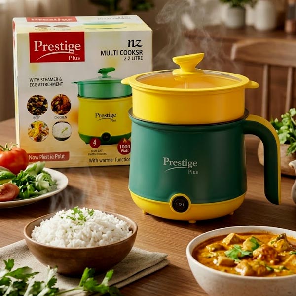 Prestige Plus 1000W electric multi cooker with non-stick inner pot and tempered glass lid