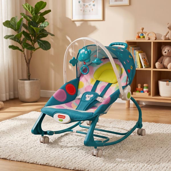 4 in 1 Baby Wheel Rocker Chair with Music, Vibration, Safety Belt, Wheels, and Canopy