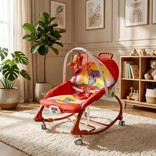 4 in 1 Baby Wheel Rocker Chair with Music, Vibration, Safety Belt, Wheels, and Canopy